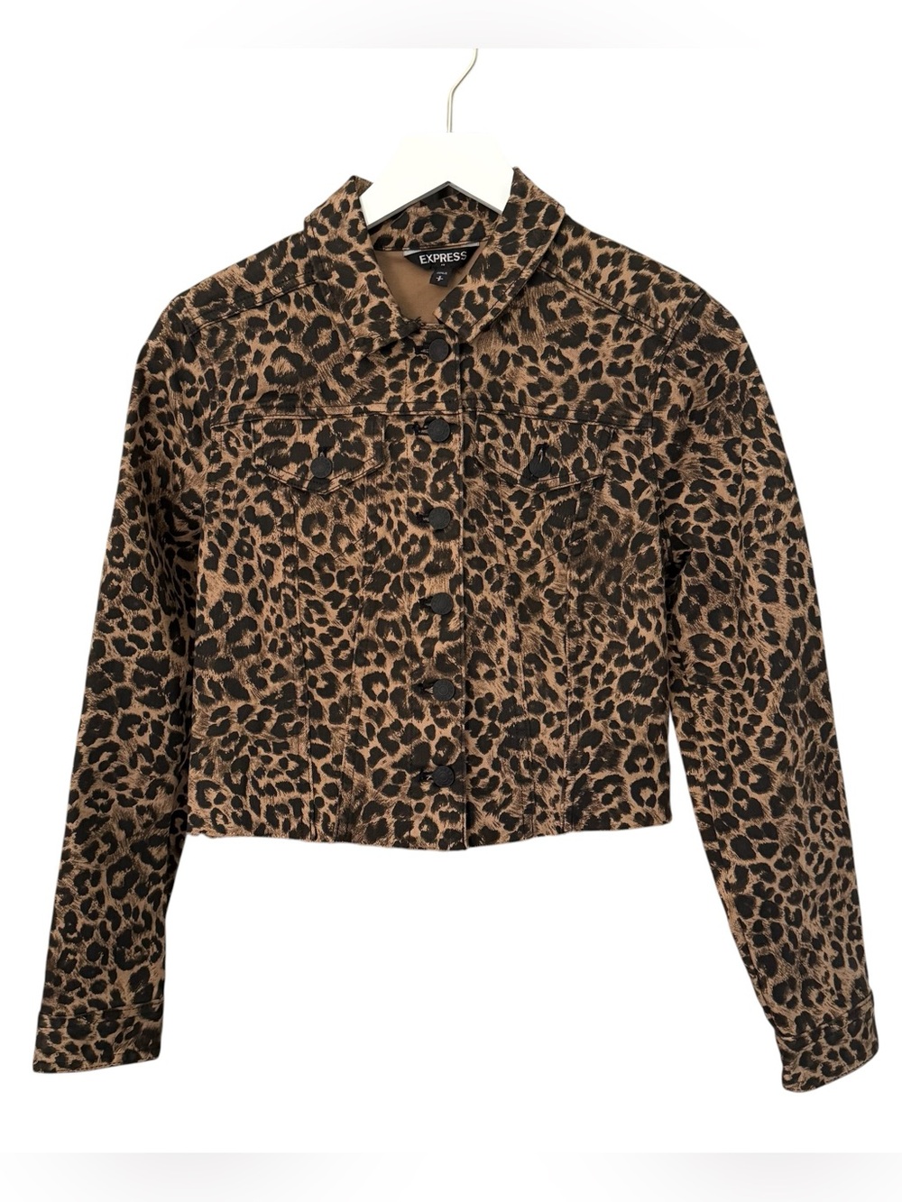 Express Animal Leopard Print Cropped Raw Hem Denim Jacket Size Small